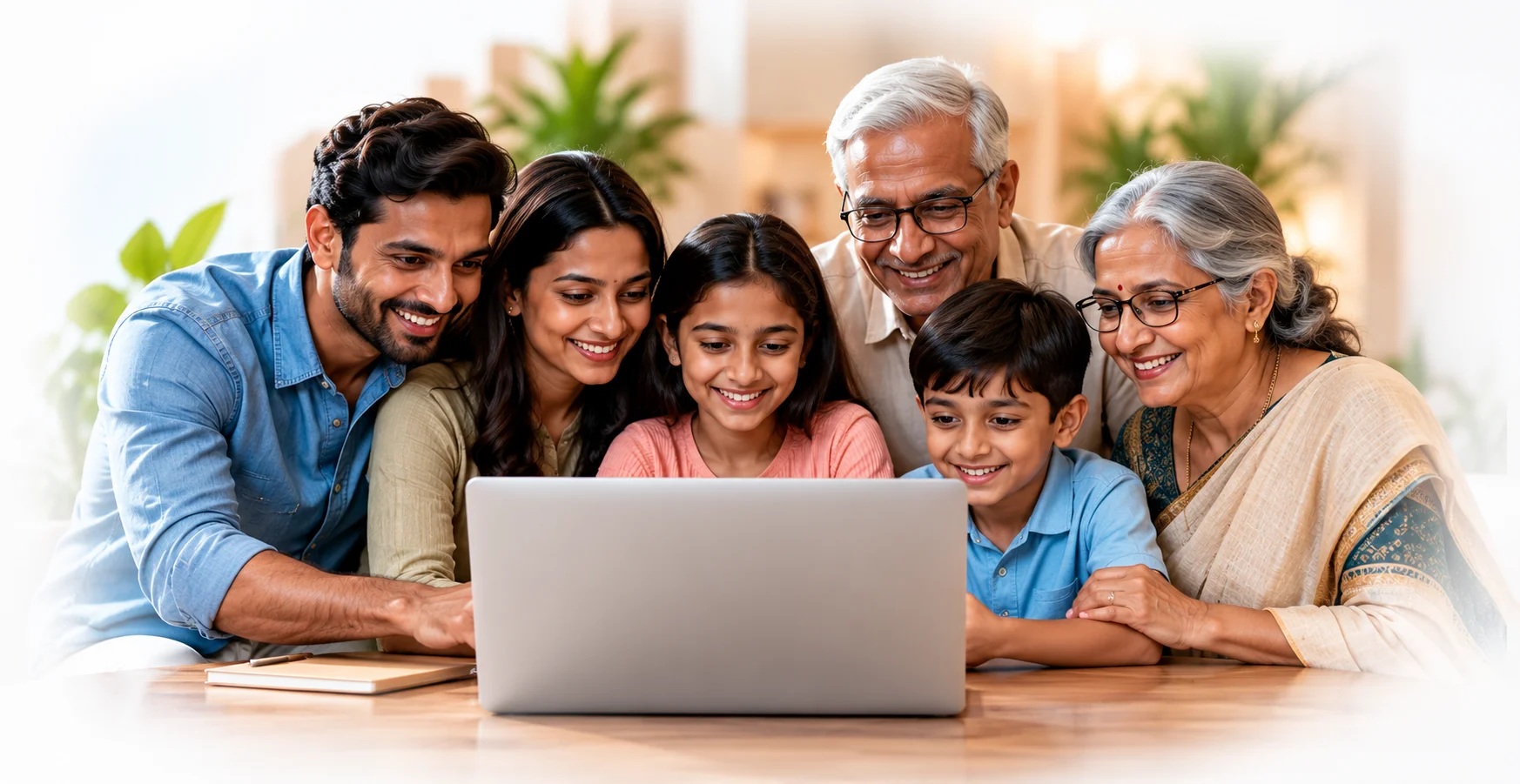 Three generations of a family smiling together around a laptop